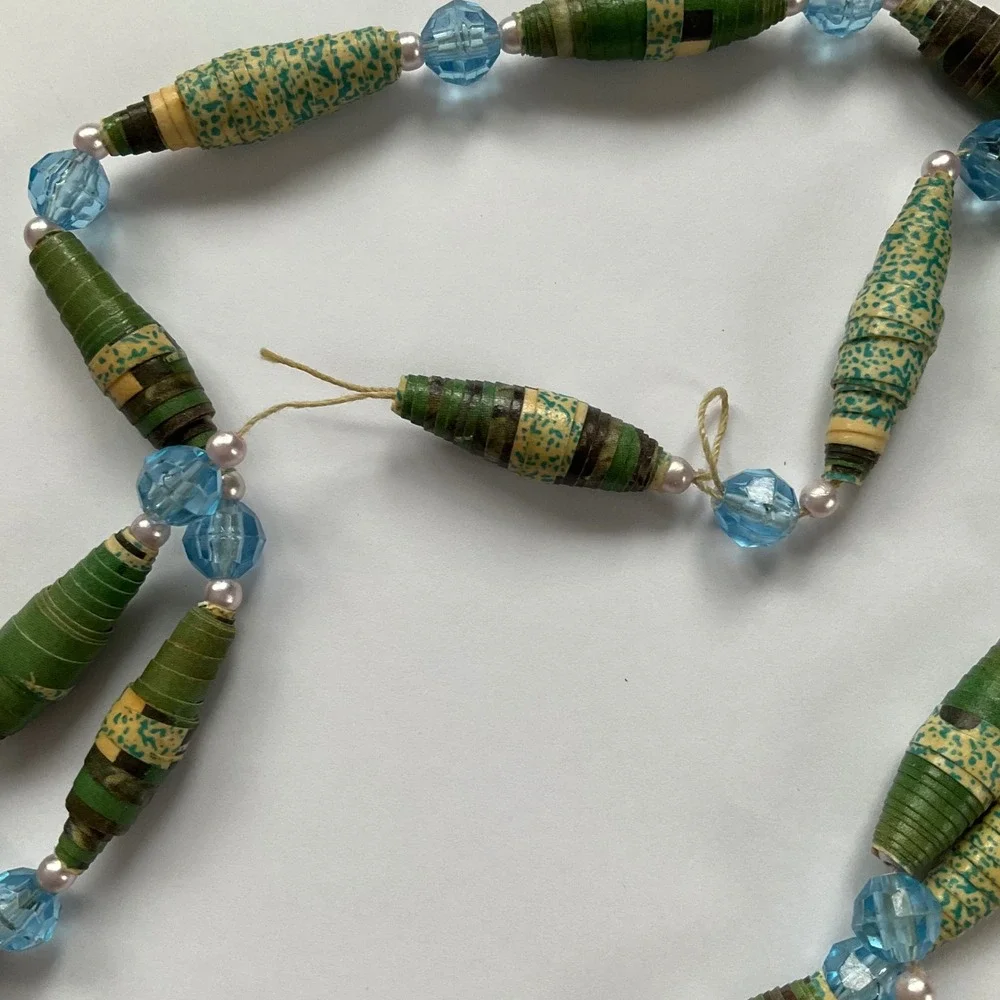 Handmade Paper Bead Necklace Green Blue Long Boho Indie Spindle Bead Strand 53in